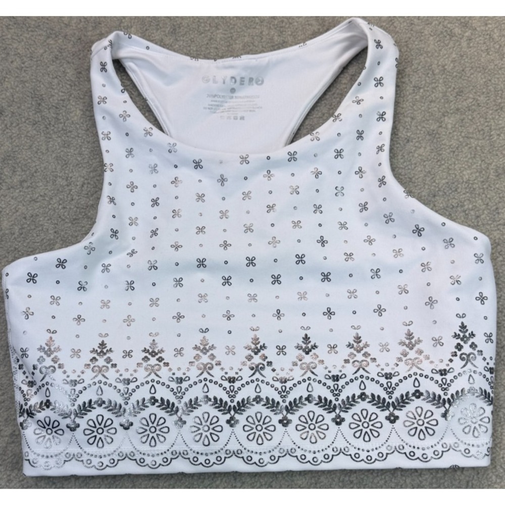 Glyder Womens Splendid Yoga Sports Bra White Silver Foil Geometric Racerback M